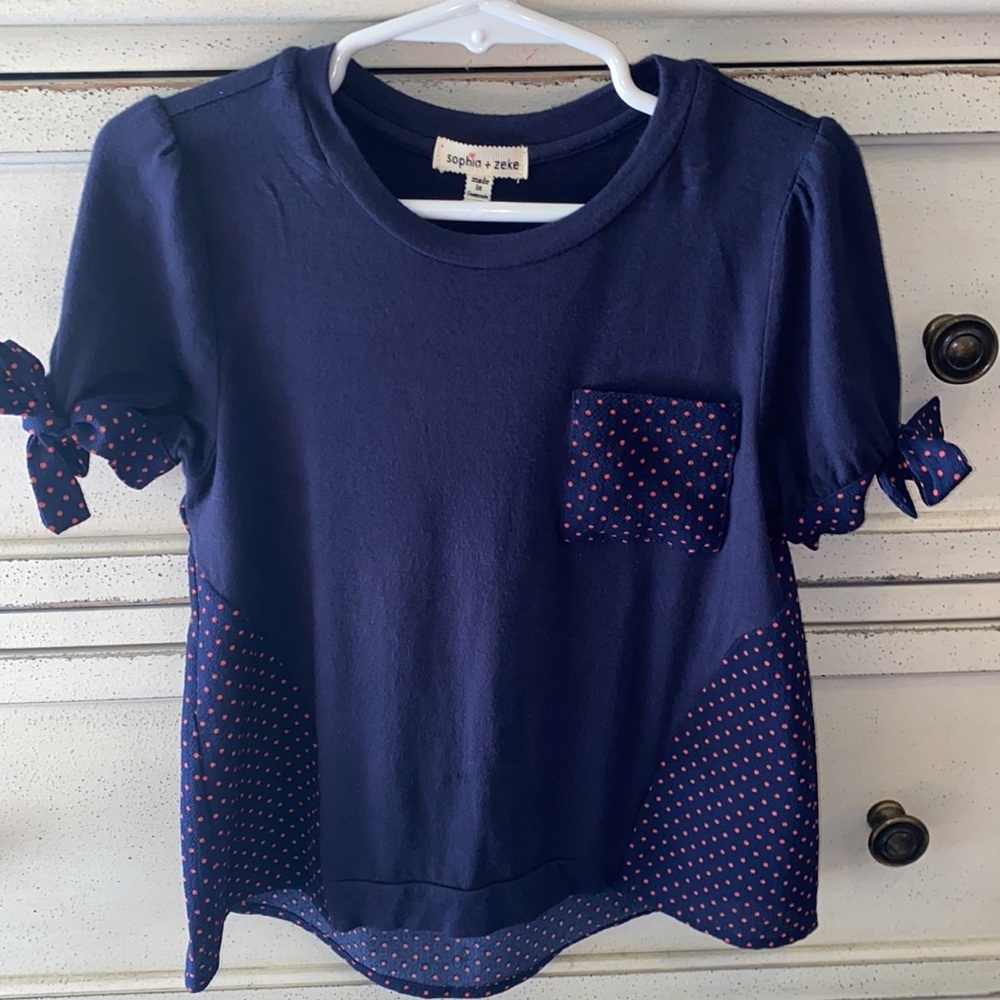 Sophia + Zeke navy blue & red pink polka dot shortsleeve girls shirt w pocket 6Y